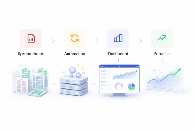Data transformation flow: Spreadsheets to Automation to Dashboard to Forecast