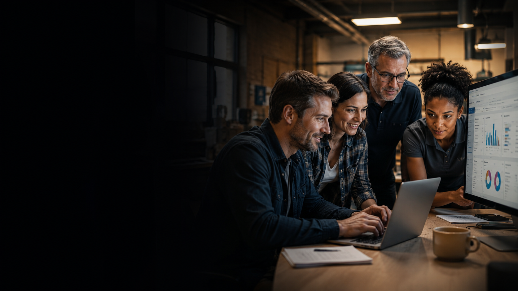 Small business team collaborating around data on screen